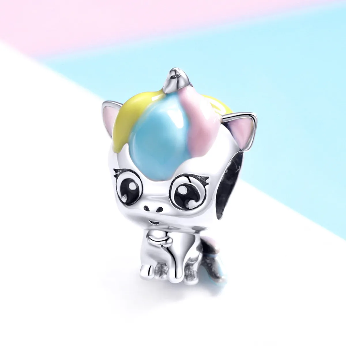 Pandora Style Silver Charm, Cute Unicorn, Multicolor Enamel - BSC059