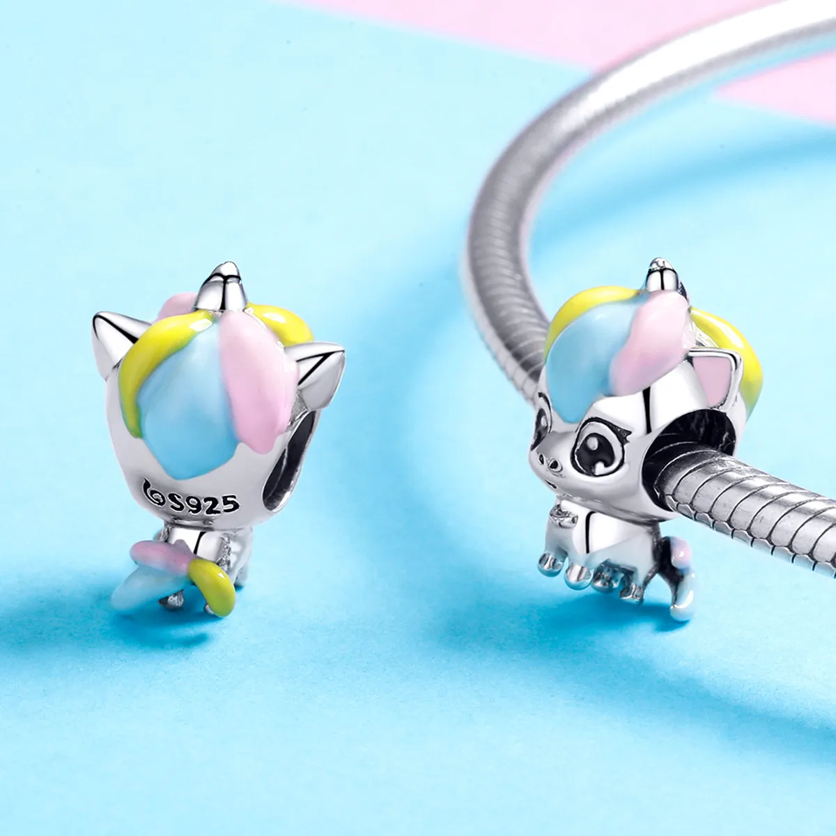 Pandora Style Silver Charm, Cute Unicorn, Multicolor Enamel - BSC059