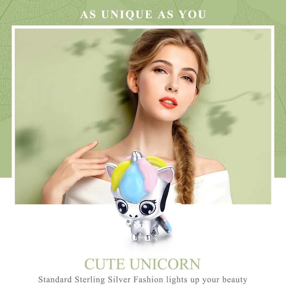 Pandora Style Silver Charm, Cute Unicorn, Multicolor Enamel - BSC059