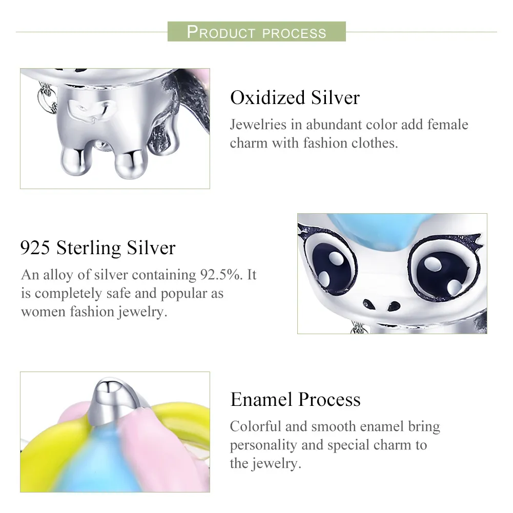 Pandora Style Silver Charm, Cute Unicorn, Multicolor Enamel - BSC059