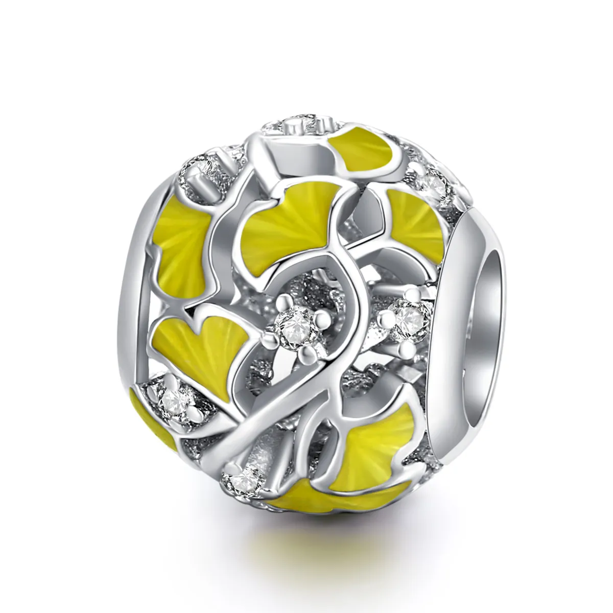 Pandora Style Silver Charm, Elegant Ginkgo Leaves, Yellow Enamel - BSC334