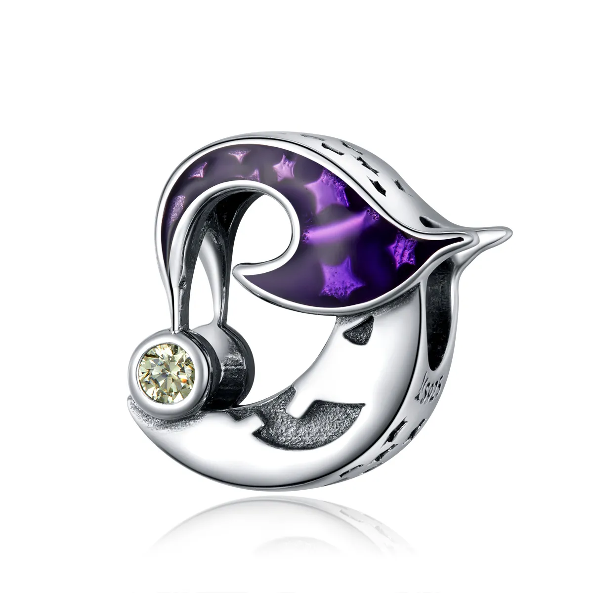 Pandora Style Silver Charm, Evil Moon, Purple Enamel - SCC1618