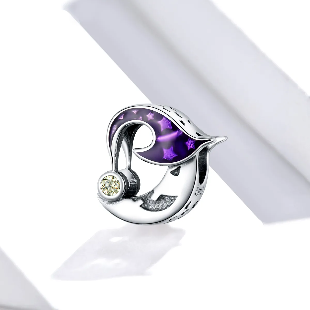 Pandora Style Silver Charm, Evil Moon, Purple Enamel - SCC1618