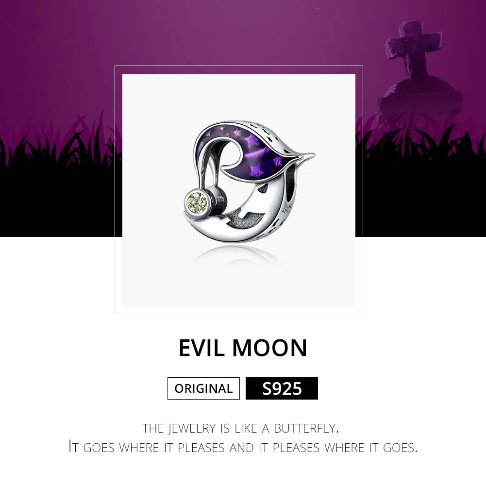 Pandora Style Silver Charm, Evil Moon, Purple Enamel - SCC1618