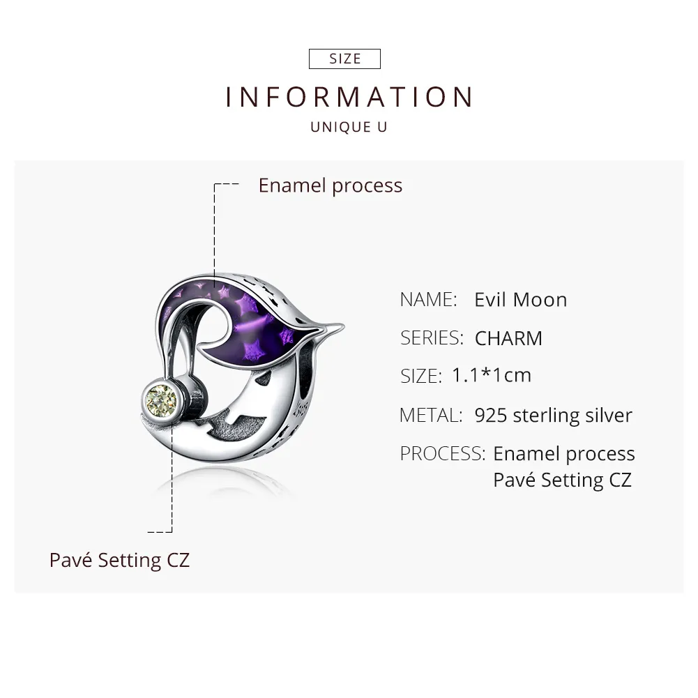 Pandora Style Silver Charm, Evil Moon, Purple Enamel - SCC1618