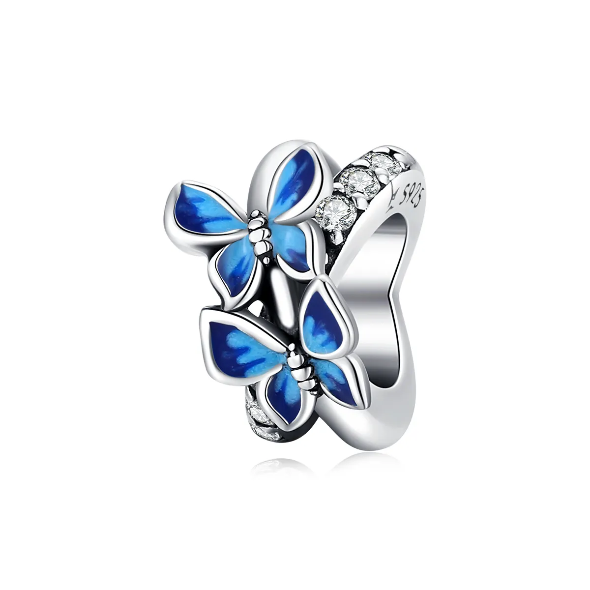 Pandora Style Silver Charm, Flying Butterflies, Aquamarine Enamel - SCC1731