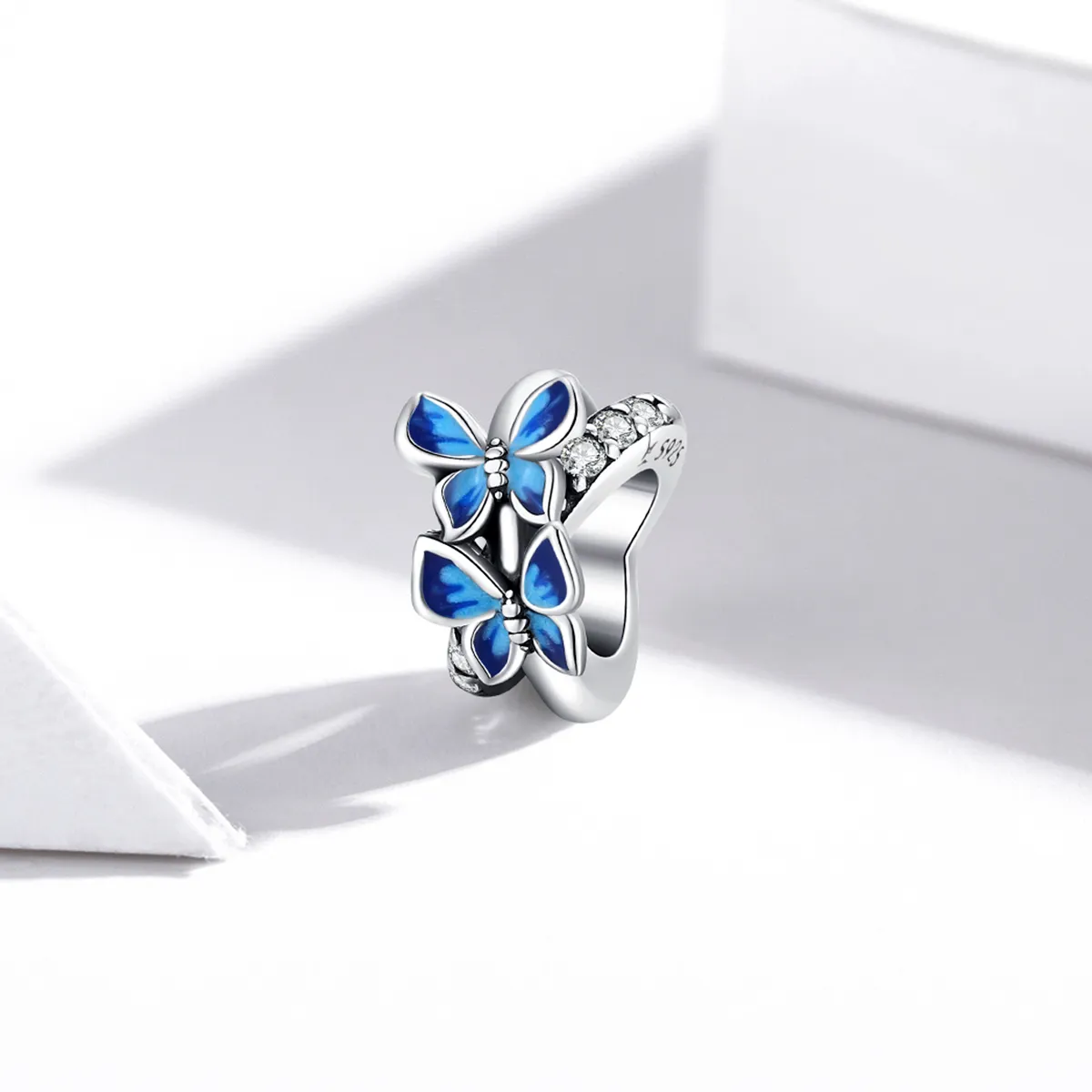 Pandora Style Silver Charm, Flying Butterflies, Aquamarine Enamel - SCC1731