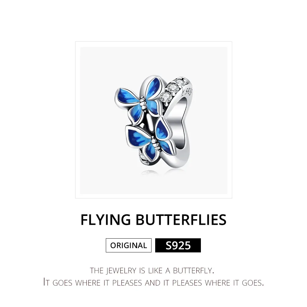 Pandora Style Silver Charm, Flying Butterflies, Aquamarine Enamel - SCC1731