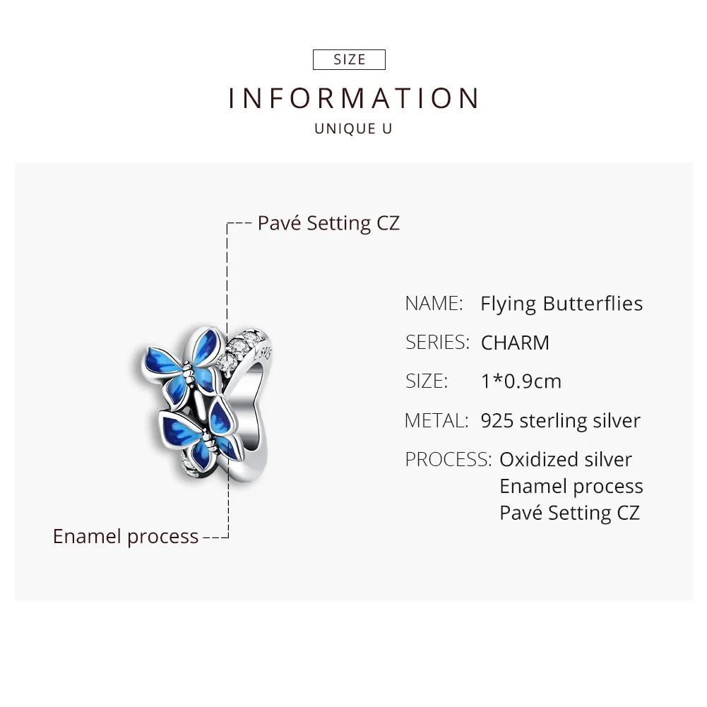 Pandora Style Silver Charm, Flying Butterflies, Aquamarine Enamel - SCC1731