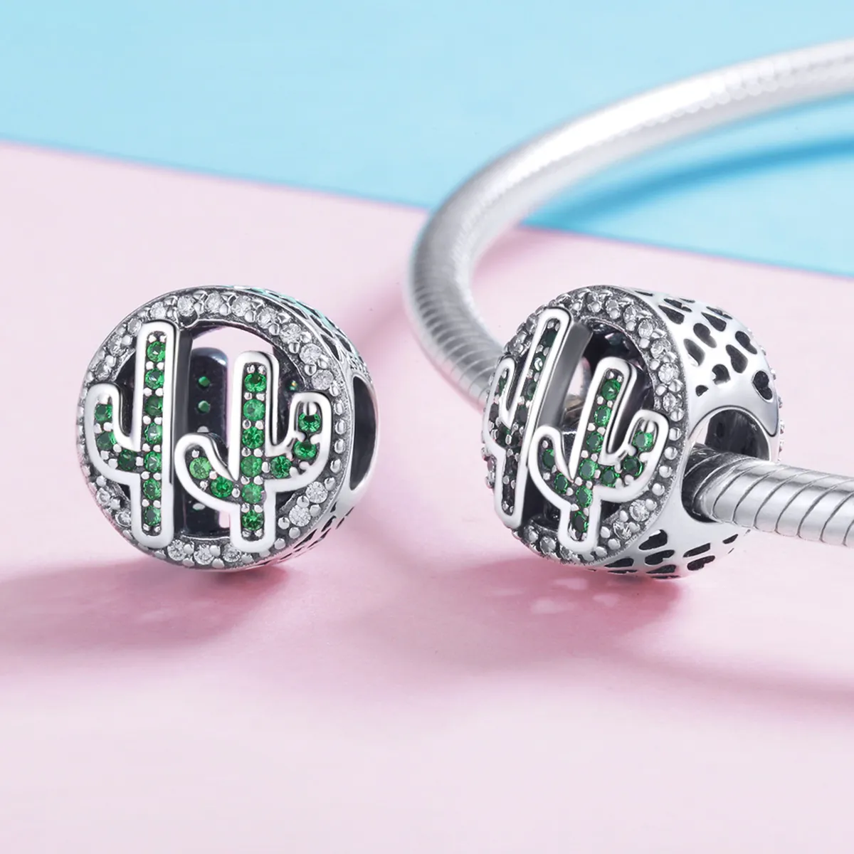 Pandora Style Silver Charm, Green Vibrant Cactus - SCC918