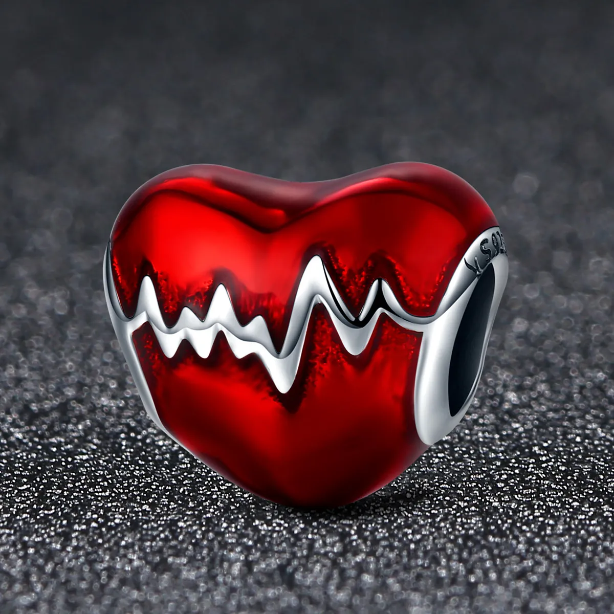 Pandora Style Silver Charm, Heart Beat, Red Enamel - SCC249