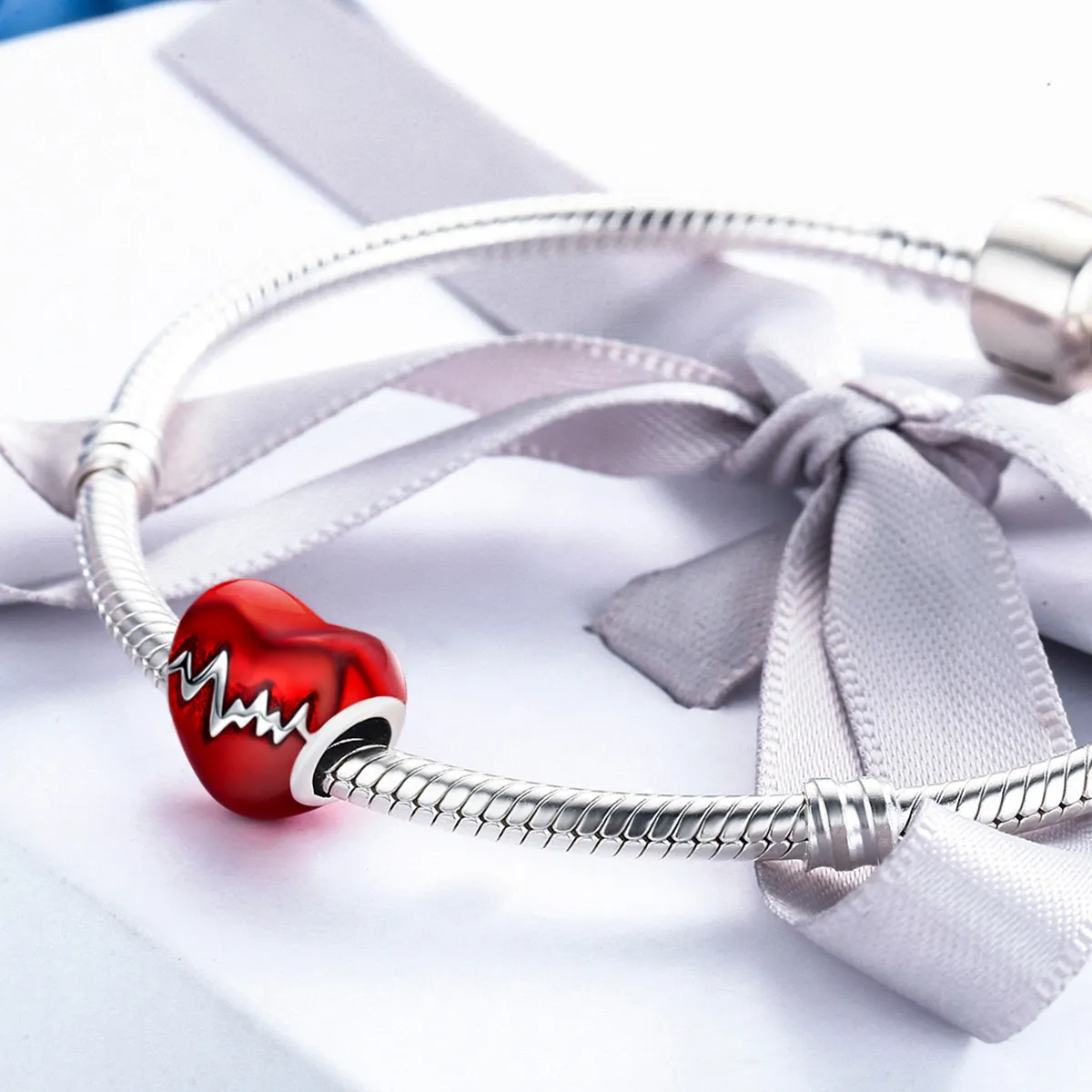 Pandora Style Silver Charm, Heart Beat, Red Enamel - SCC249