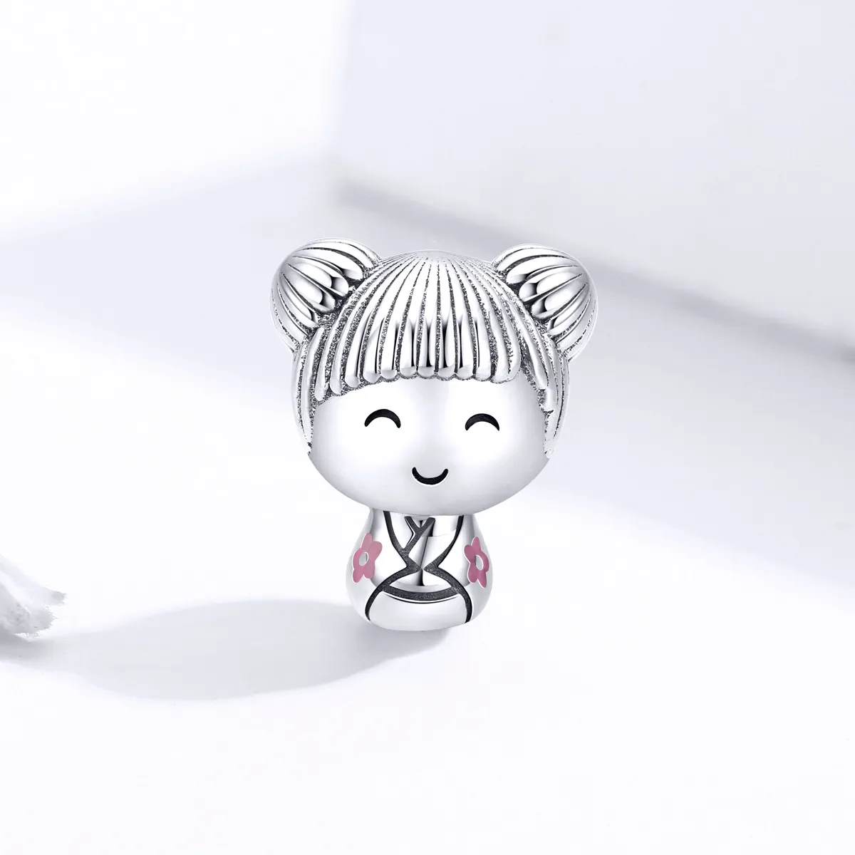 Pandora Style Silver Charm, Japanese Doll, Pink Enamel - SCC1455