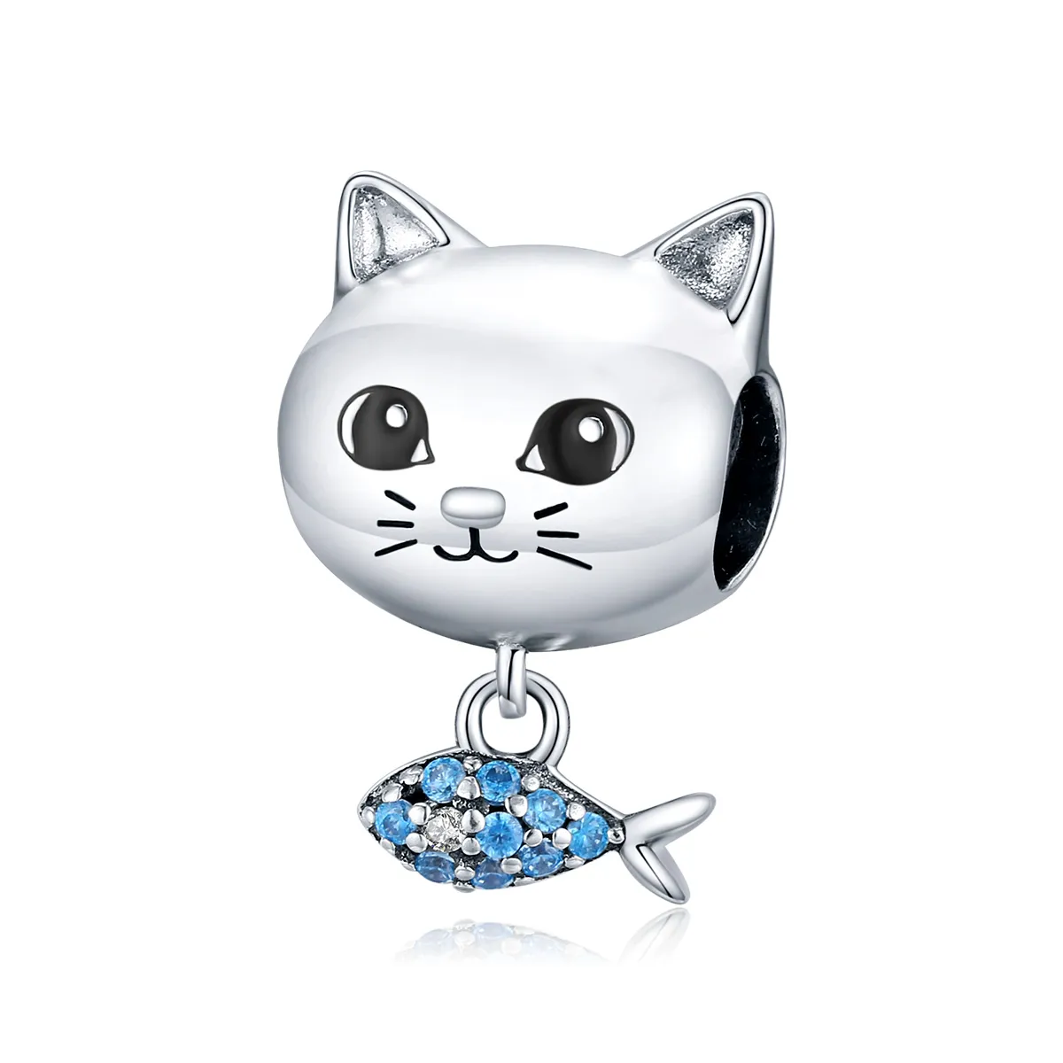 Pandora Style Silver Charm, Kitty With Fish, Cyan Blue Enamel - BSC226