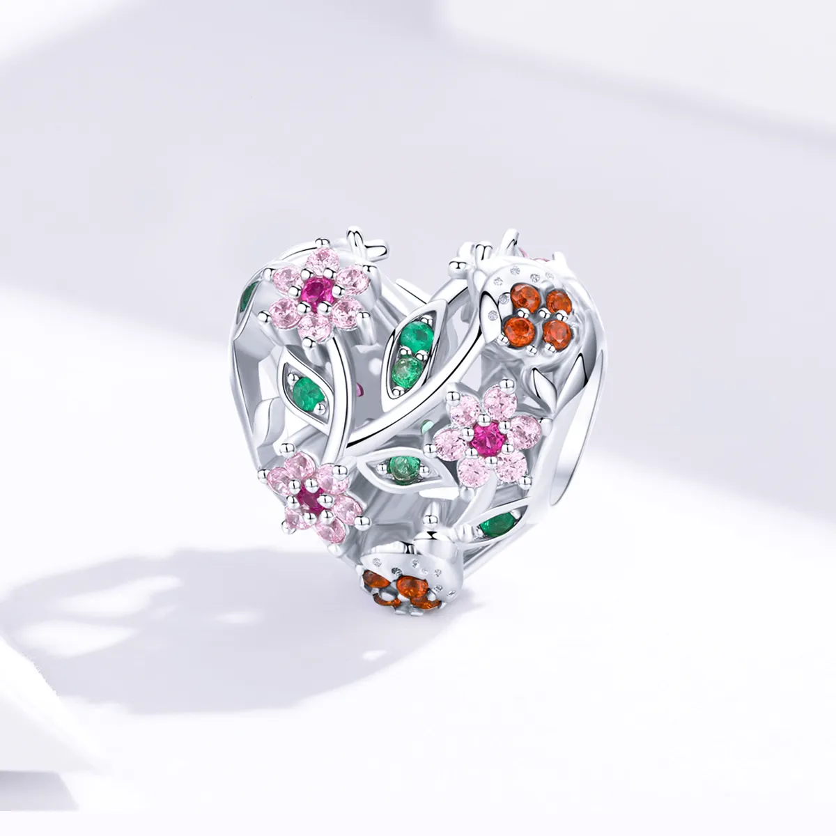 Pandora Style Silver Charm, Ladybug & Flowers - BSC117