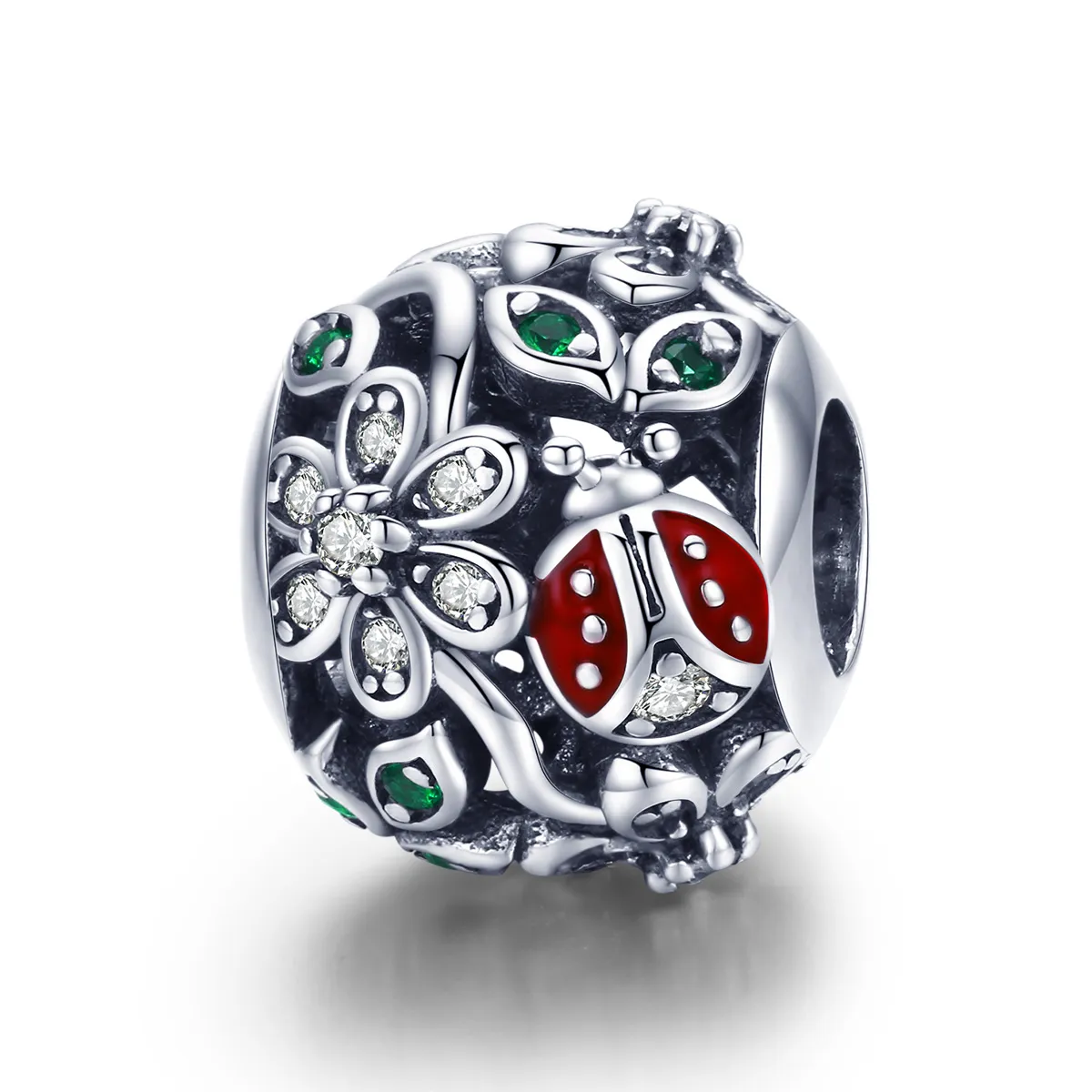 Pandora Style Silver Charm, Ladybugs and Flowers - SCC926