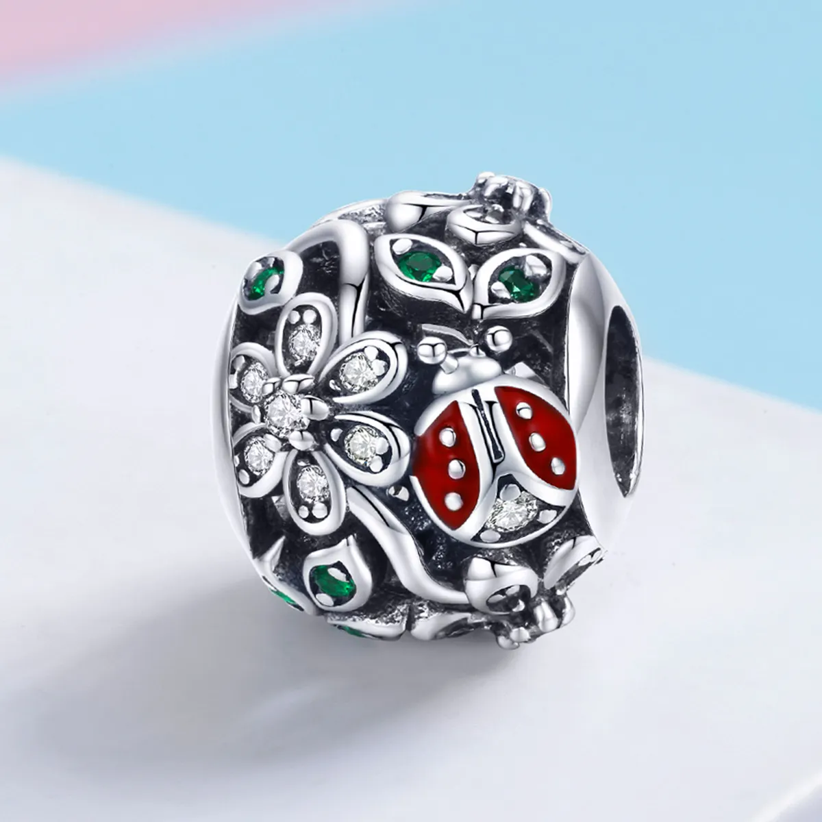 Pandora Style Silver Charm, Ladybugs and Flowers - SCC926