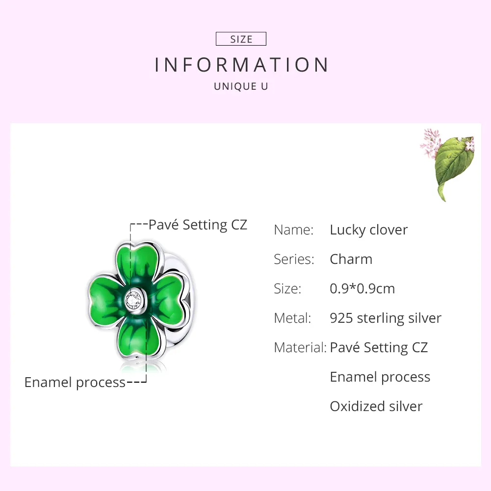 Pandora Style Silver Charm, Lucky Clover, Green Enamel - SCC1749