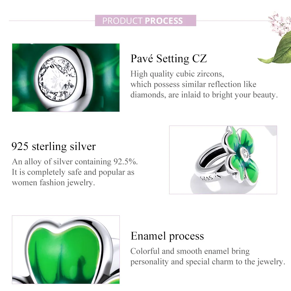 Pandora Style Silver Charm, Lucky Clover, Green Enamel - SCC1749