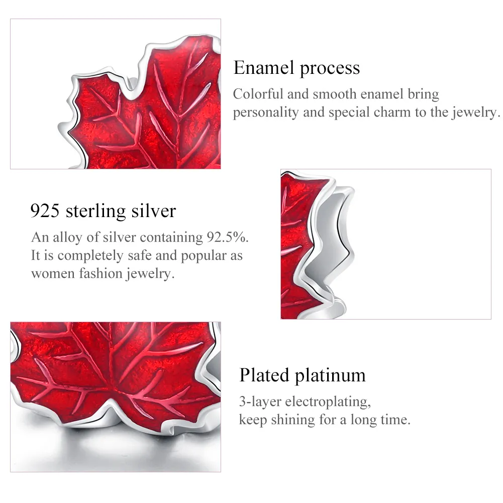 Pandora Style Silver Charm, Maple Leaf, Red Enamel - BSC335