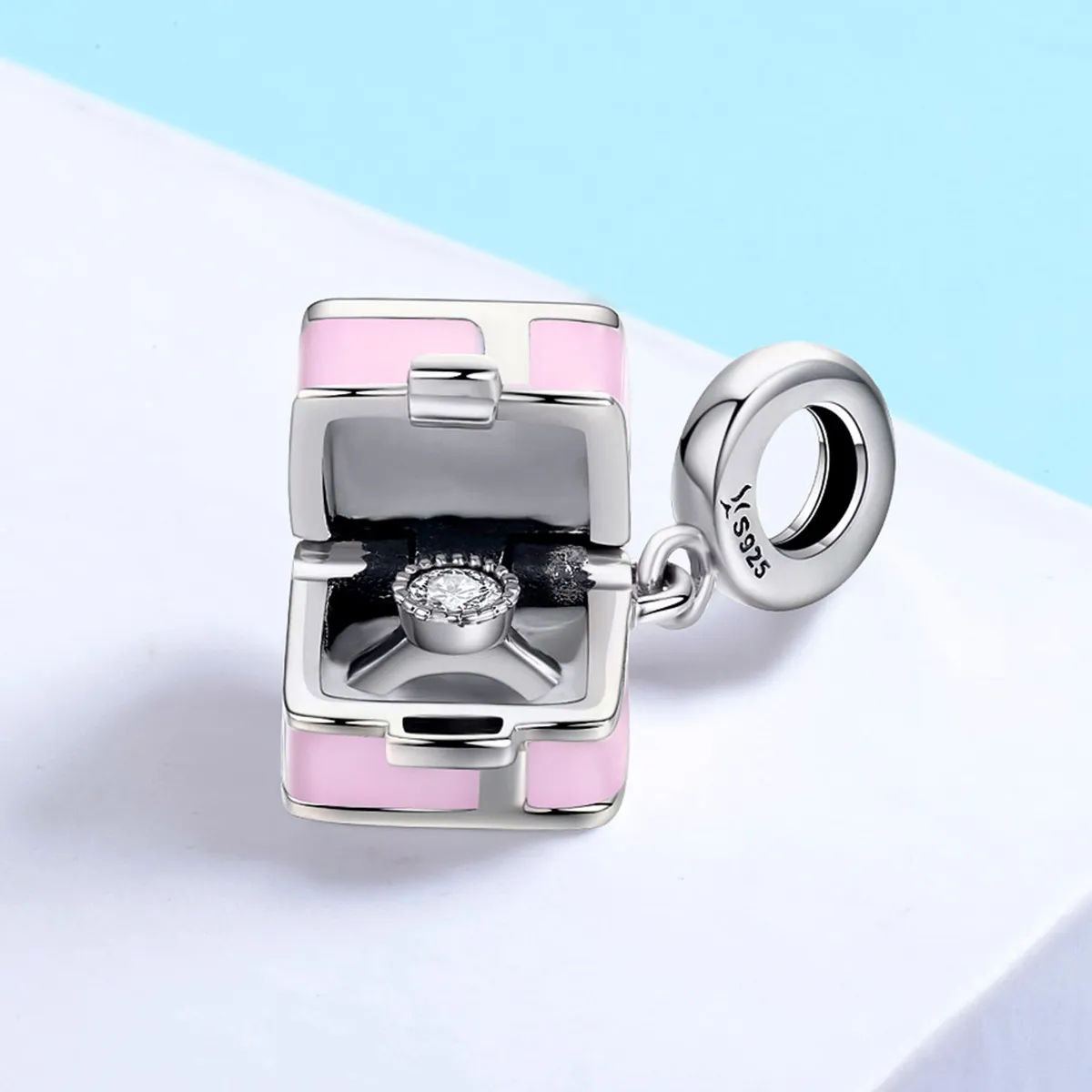 Pandora Style Silver Charm, Marriage Ring, Pink Enamel - SCC549