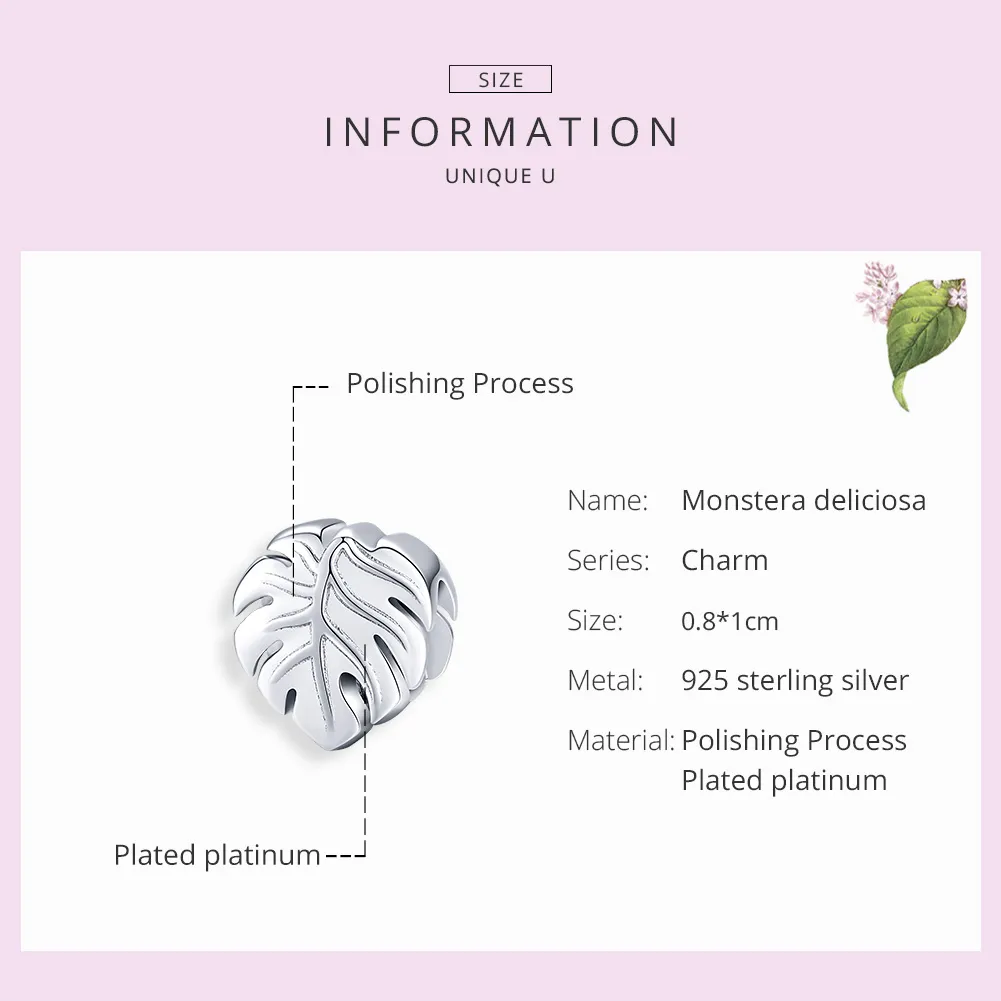 Pandora Style Silver Charm, Monstera Deliciosa - BSC141