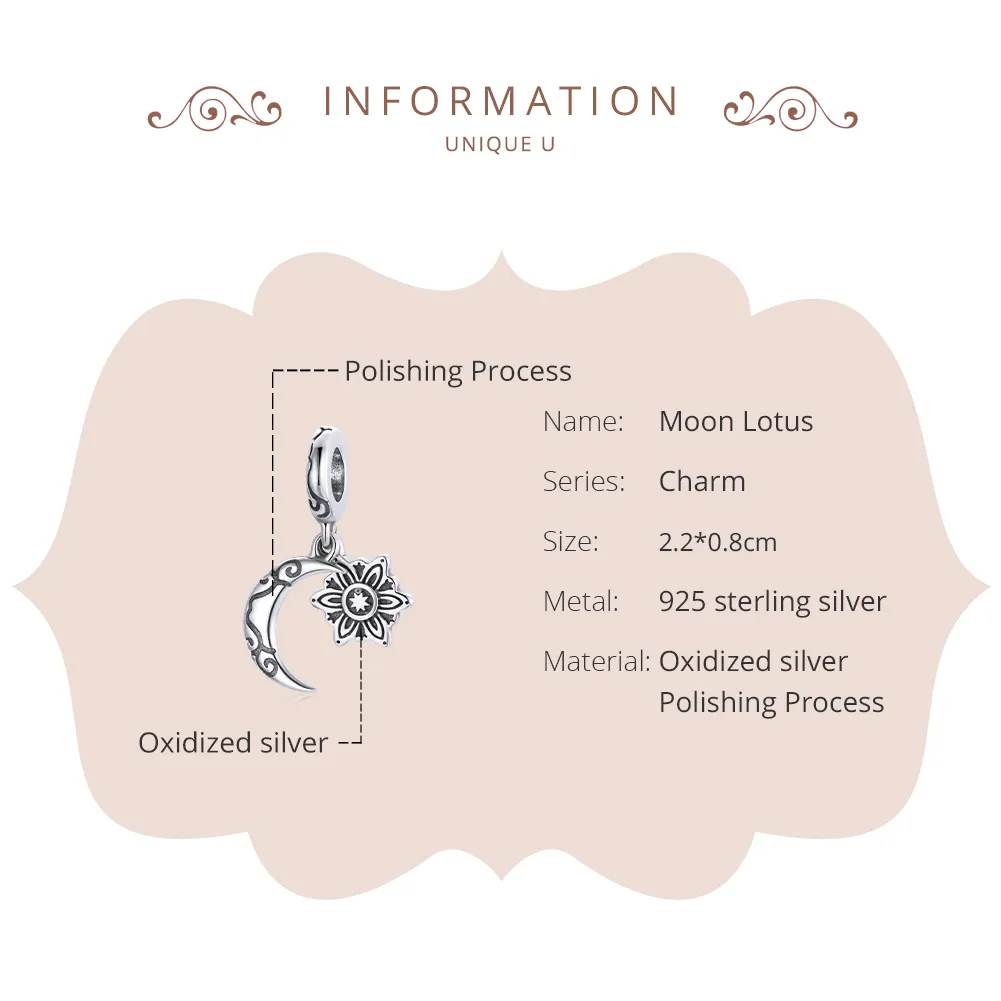 Pandora Style Silver Charm, Moon Lotus - SCC1826