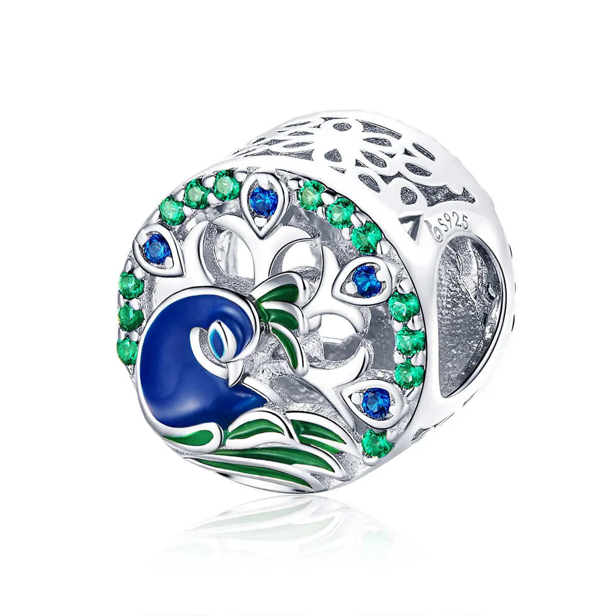 Pandora Style Silver Charm, Peafowl, Multicolor Enamel - BSC037