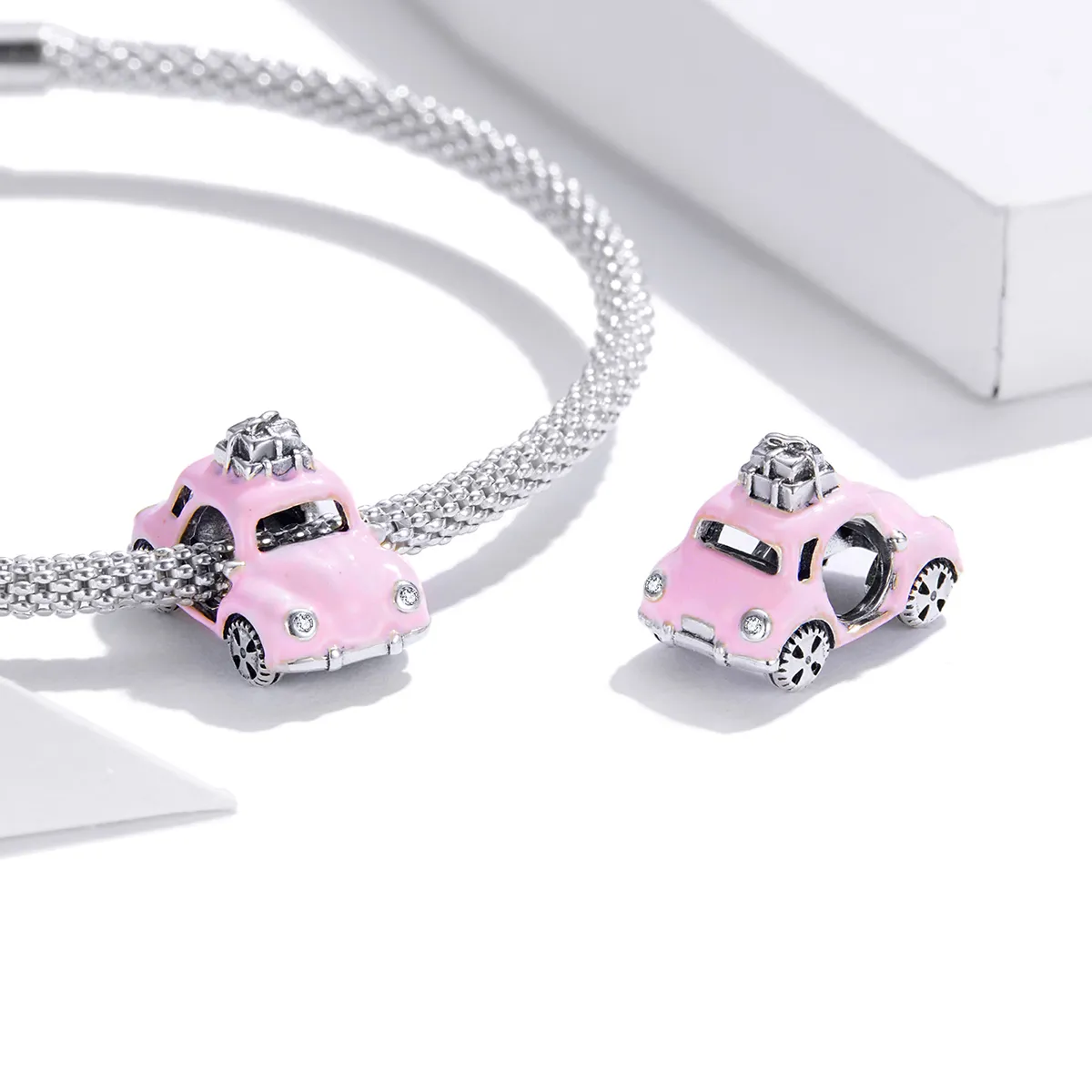 Pandora Style Silver Charm, Pink Car, Pink Enamel - SCC1738