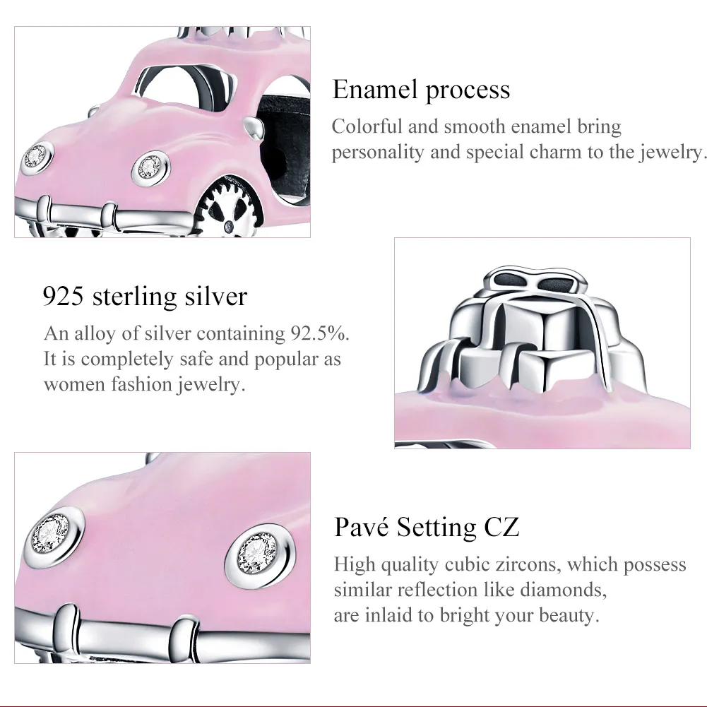 Pandora Style Silver Charm, Pink Car, Pink Enamel - SCC1738