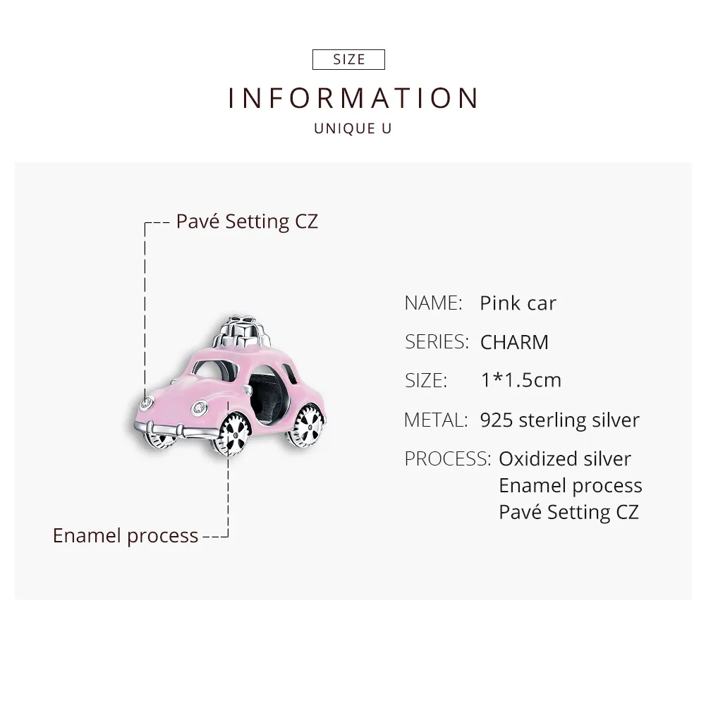 Pandora Style Silver Charm, Pink Car, Pink Enamel - SCC1738