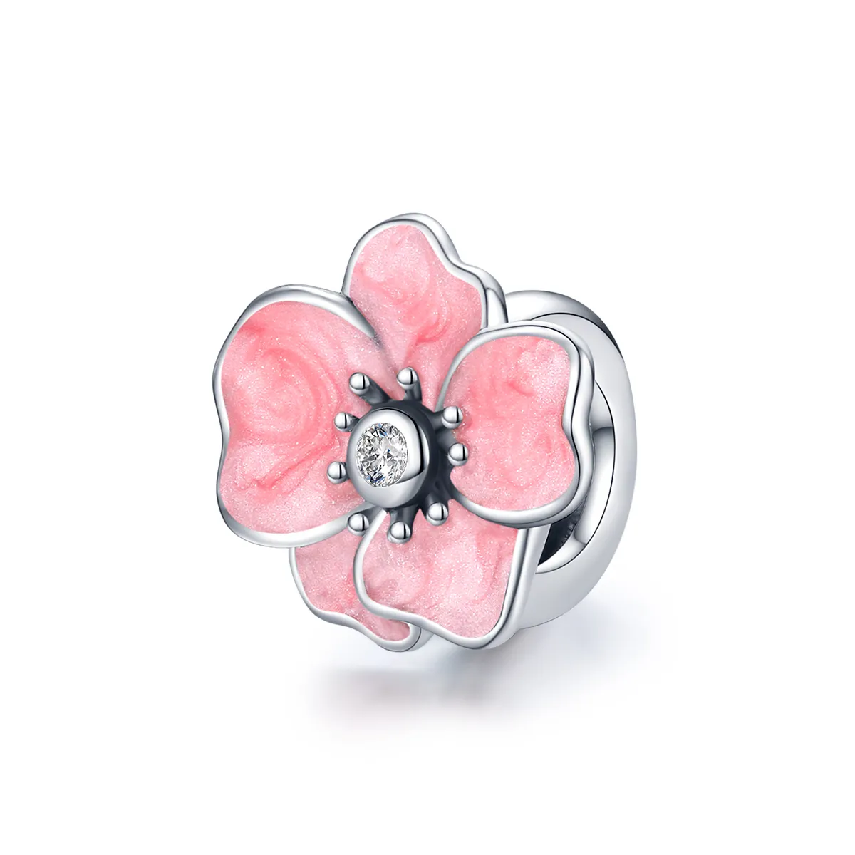 Pandora Style Silver Charm, Pink Flower, Pink Enamel - SCC1729