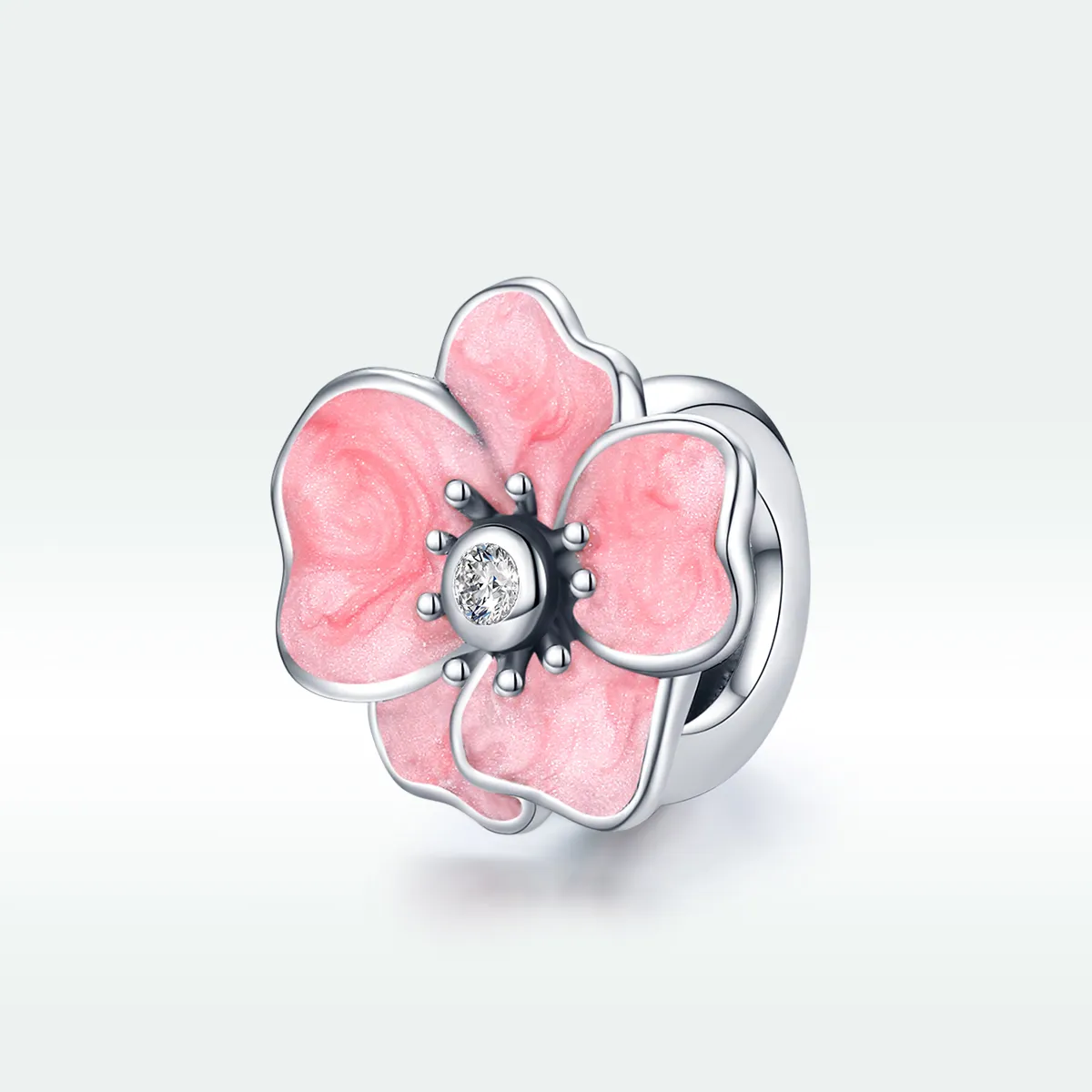 Pandora Style Silver Charm, Pink Flower, Pink Enamel - SCC1729