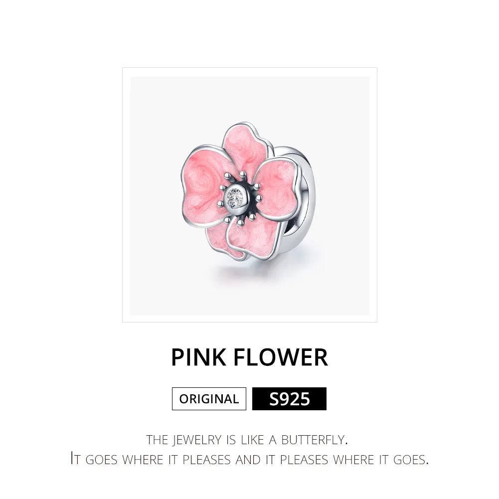 Pandora Style Silver Charm, Pink Flower, Pink Enamel - SCC1729