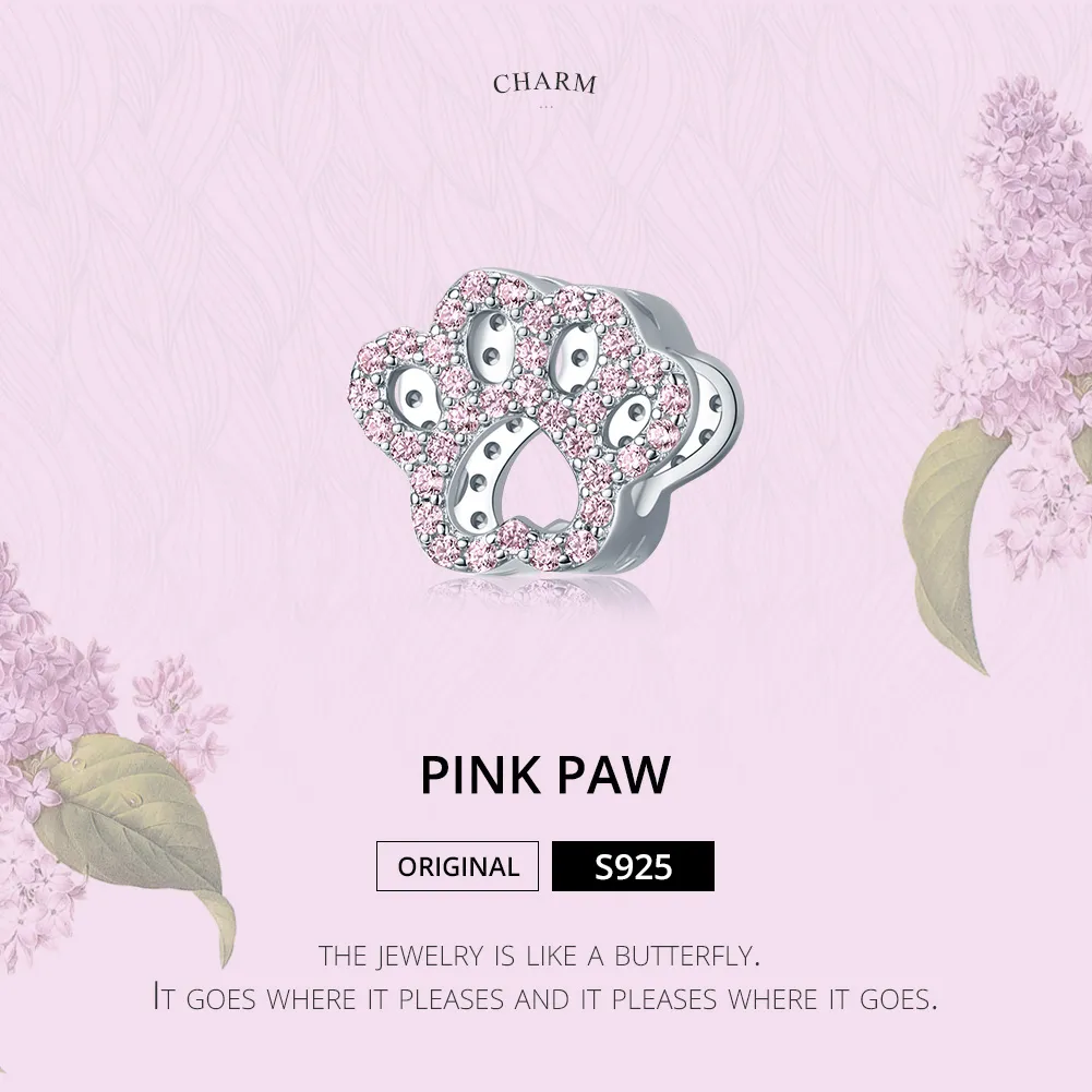 Pandora Style Silver Charm, Pink Paw - BSC164