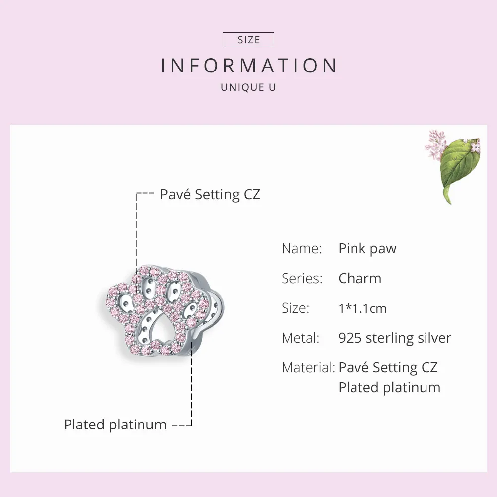 Pandora Style Silver Charm, Pink Paw - BSC164