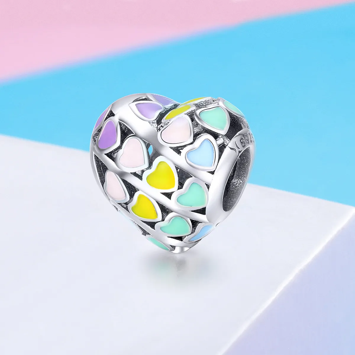 Pandora Style Silver Charm, Rainbow Heart, Multicolor Enamel - SCC902