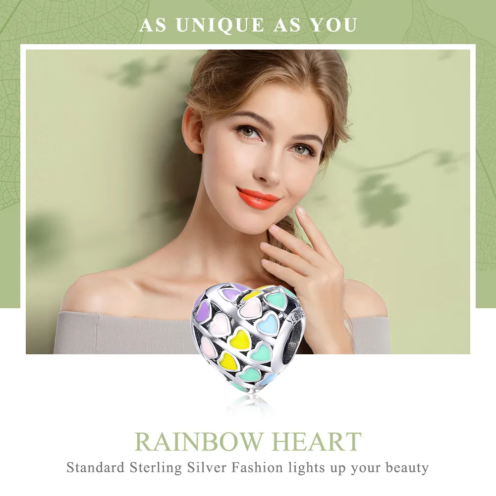 Pandora Style Silver Charm, Rainbow Heart, Multicolor Enamel - SCC902