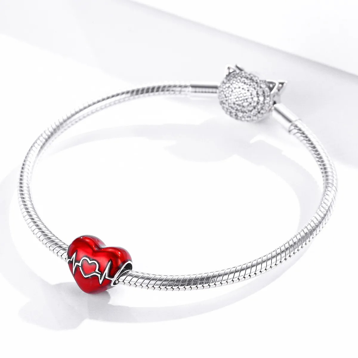 Pandora Style Silver Charm, Red Heartbeat of Love, Red Enamel - SCC1569