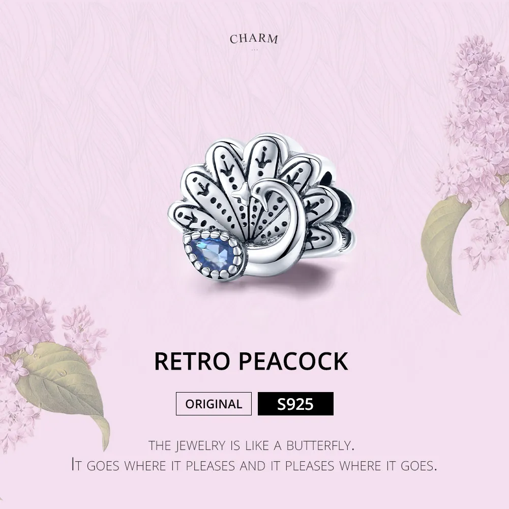 Pandora Style Silver Charm, Retro Peacock - SCC1558