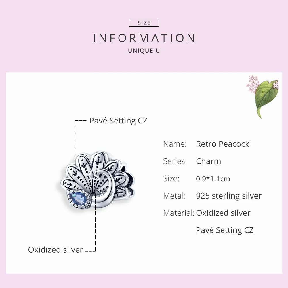 Pandora Style Silver Charm, Retro Peacock - SCC1558