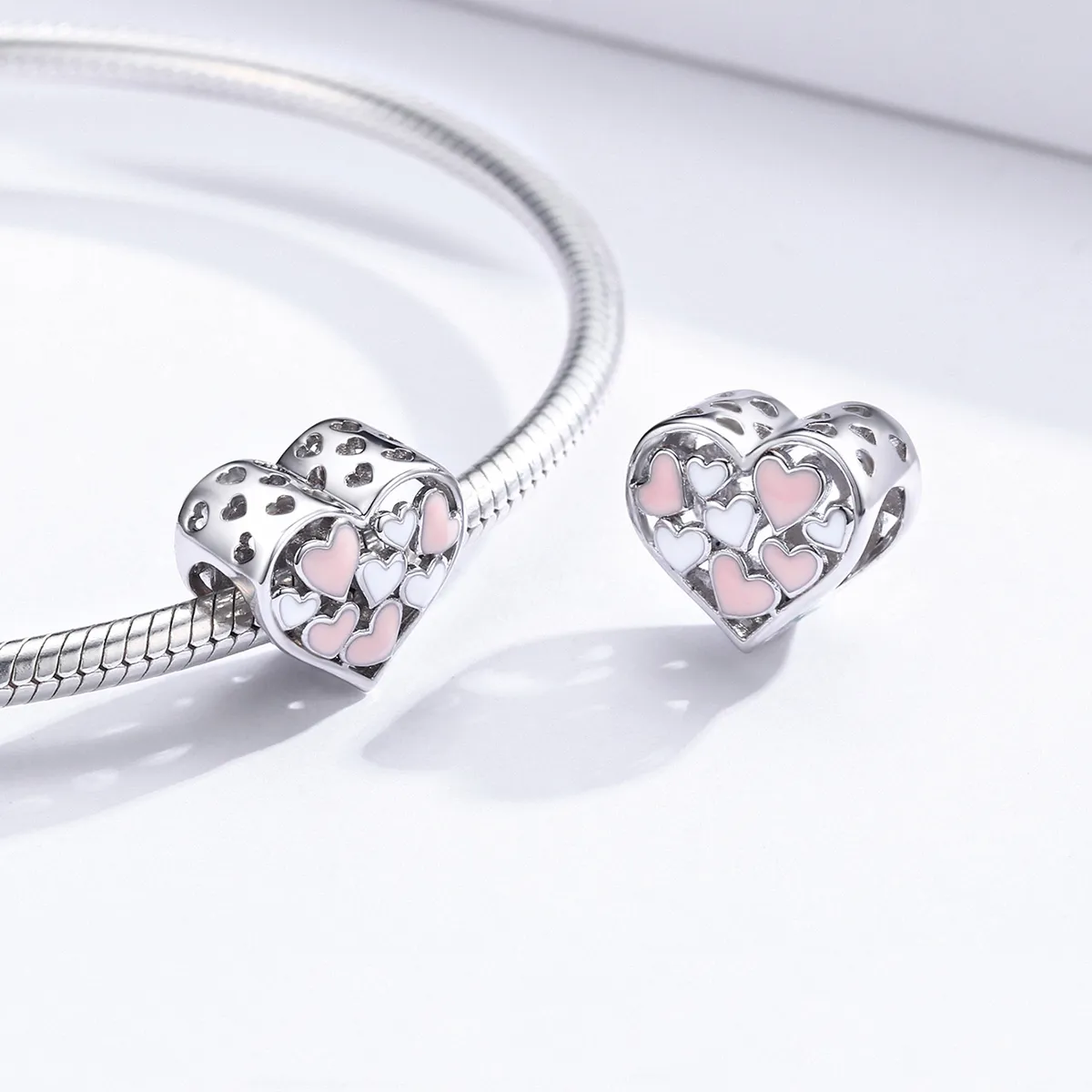 Pandora Style Silver Charm, Romance Heart, Pink Enamel - SCC1423