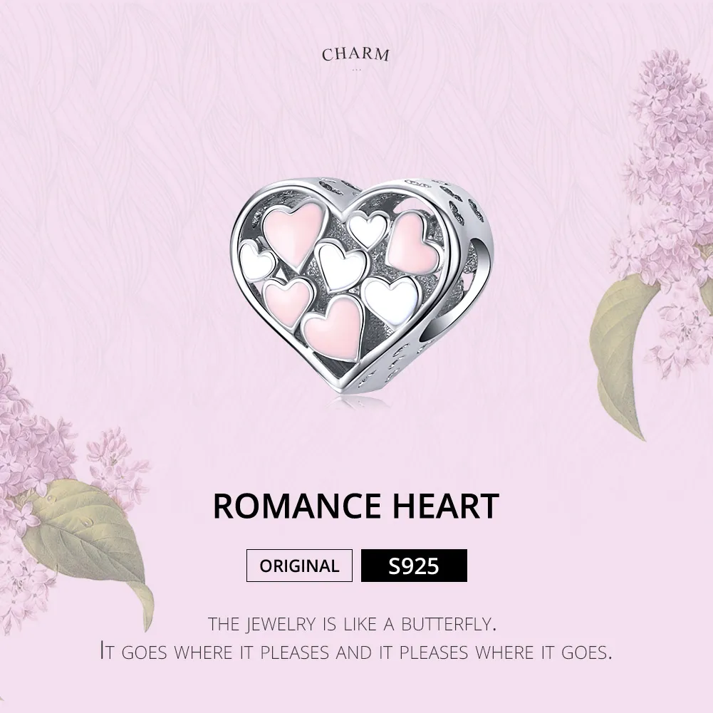 Pandora Style Silver Charm, Romance Heart, Pink Enamel - SCC1423