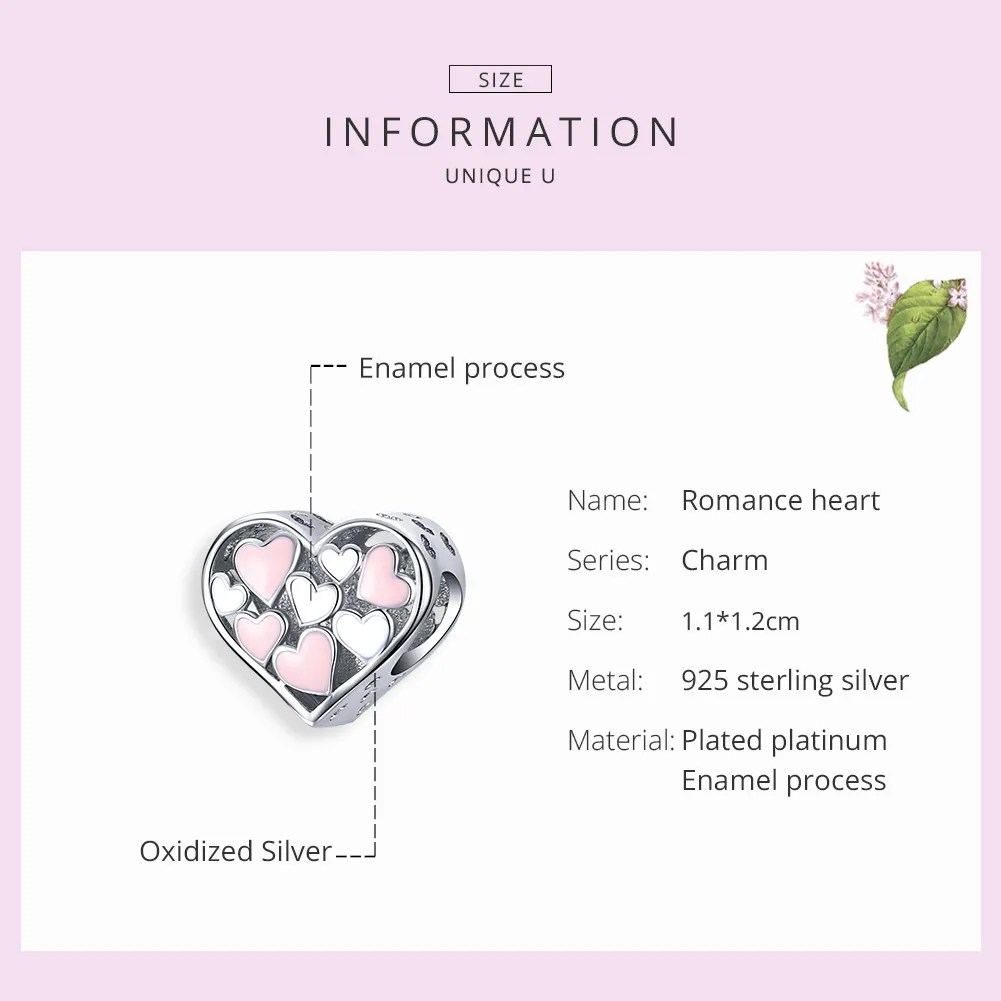 Pandora Style Silver Charm, Romance Heart, Pink Enamel - SCC1423