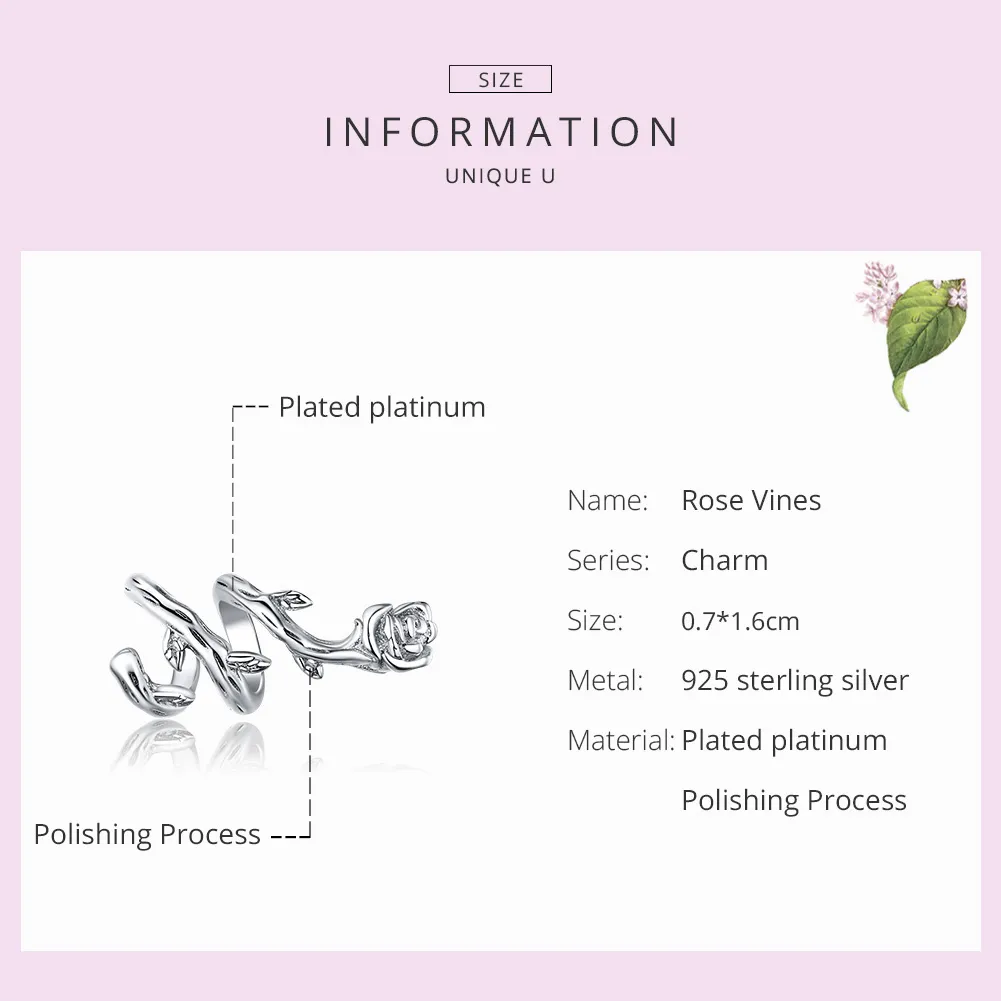 Pandora Style Silver Charm, Rose Vines - BSC310