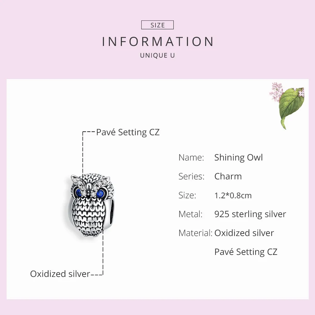 Pandora Style Silver Charm, Shining Owl - SCC1607