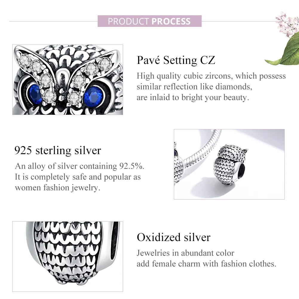 Pandora Style Silver Charm, Shining Owl - SCC1607