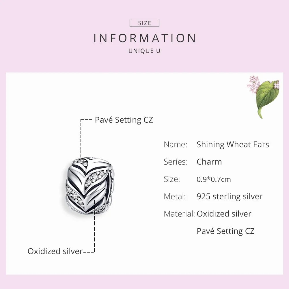 Pandora Style Silver Charm, Shining Wheat Ears - SCC1614