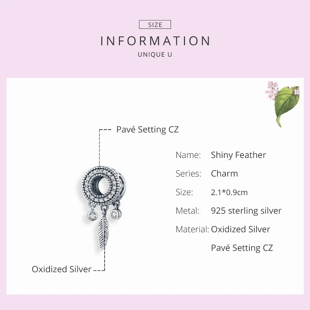 Pandora Style Silver Charm, Shiny Feather - SCC1550