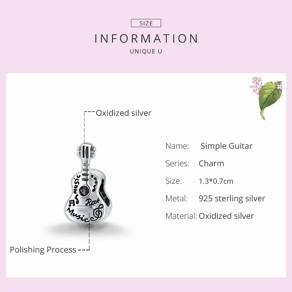 Pandora Style Silver Charm, Simple Guitar - SCC1708